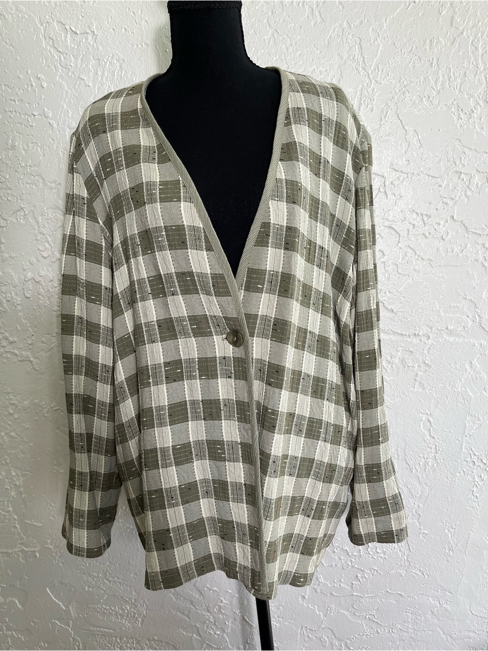 Petite Sophisticate Plaid Button Front Blouse Olive Beige Oversized Large